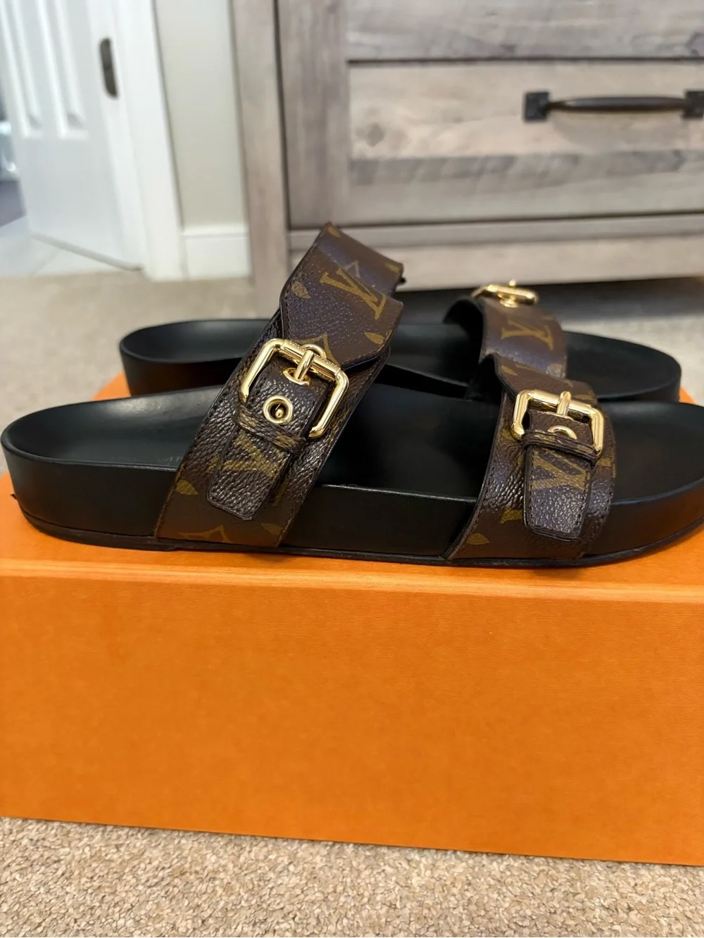 Louis Vuitton Brown Monogram Double-Buckle Slide Sandals - Picture 4 of 12